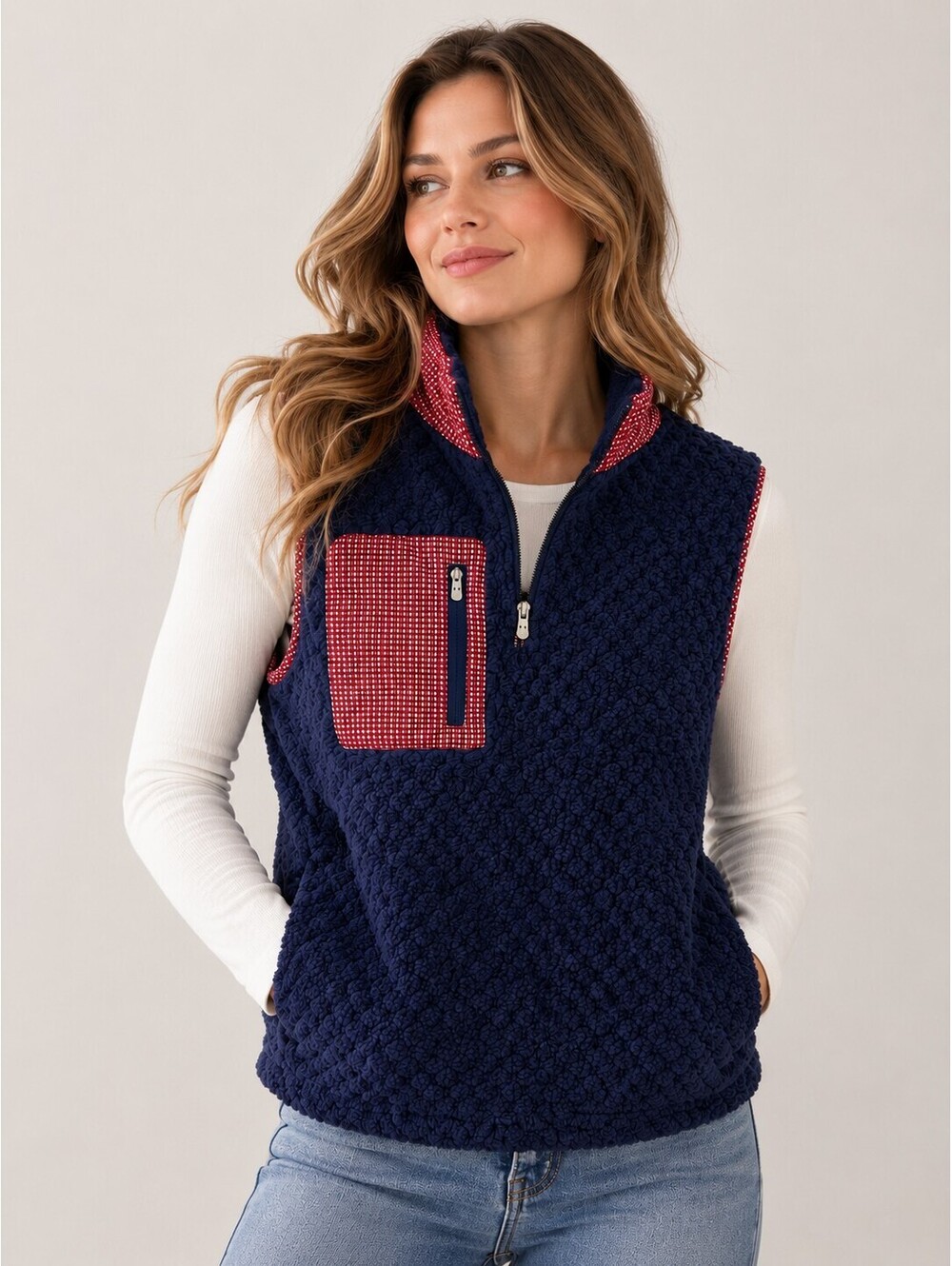 Peter Millar Women’s XS Navy Sherpa Fleece Vest Red Print Trim Cottage Fisherman